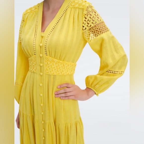 Diane Von Furstenberg 'Gigi' Mustard Yellow Long Sleeve Embroidered Lace Dress - Picture 3 of 13